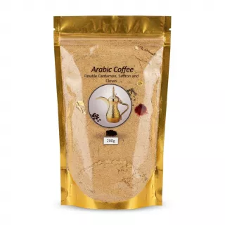 Front of a 200g pack of premium Arabic Coffee with double cardamom, saffron, and cloves in a gold pouch.