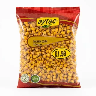 Aytac Salted Corn 350g pack with price and halal label visible