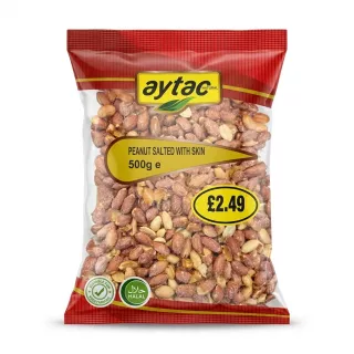 Front of Aytac Salted Peanuts With Skin 500g pack with visible price and halal certification