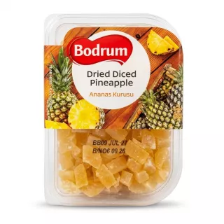 Front view of Bodrum Dried Diced Pineapple 250g pack with diced pineapple pieces and label visible