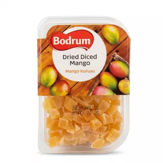 Front of Bodrum Dried Diced Mango 250g pack showing diced mango pieces