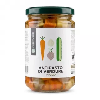 Front view of Italcriofi Antipasto di Verdure in Olio jar with illustrated vegetables on the label