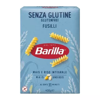 A 1:1 professional e-commerce photograph of a 400g box of Barilla Gluten Free Fusilli Pasta on a solid white background. The front of the box is clearly visible, showing the Barilla logo, gluten-free certifications, cooking time, and a mix of corn and whole grain rice ingredients used for the pasta.