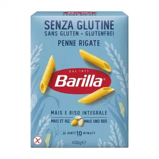 A 400g box of Barilla Gluten Free Penne Rigate pasta made with corn and brown rice, presented in a clean studio setting.