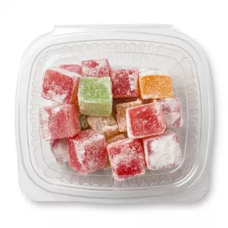 Plastic container filled with assorted colourful Turkish Delight cubes dusted with powdered sugar and an orange £3.99 price sticker