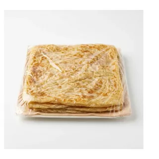 Tray of packaged plain msemen flatbreads on a shelf with pricing label