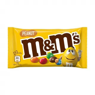 Front view of M&M's Peanut 45g pack in yellow packaging held in hand