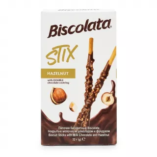 Front of Biscolata Stix Hazelnut Biscuit Sticks 32g box featuring chocolate and hazelnut imagery