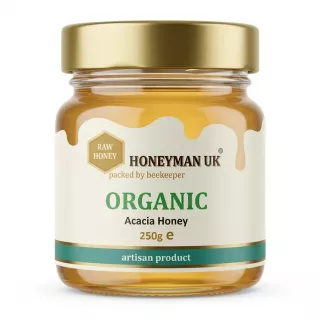 Front view of HONEyman UK Organic Acacia Honey jar 250g