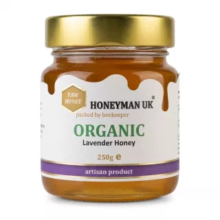 Front label of HONEyman UK Organic Lavander Honey 250g jar