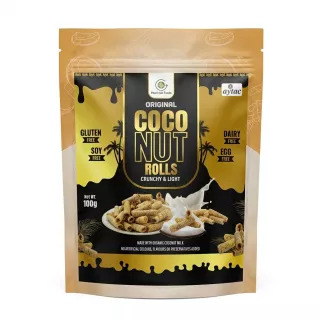 Front of Pearl Isle Foods Original Coconut Rolls packaging, 100g, showing product and key features