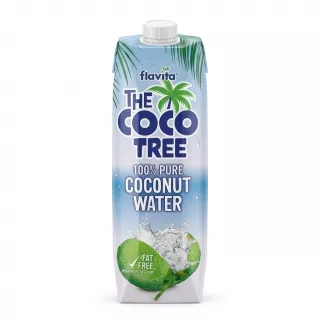 A 1-liter carton of Flavita The Coco Tree 100% Pure Coconut Water featuring a white screw cap and vibrant graphics including a coconut splash, highlighted as fat-free and high in potassium, against a clean white studio background.