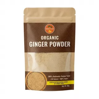 Front of Natur Fresh Organic Ginger Powder 50g pack, brown pouch, price £2.59 labelled