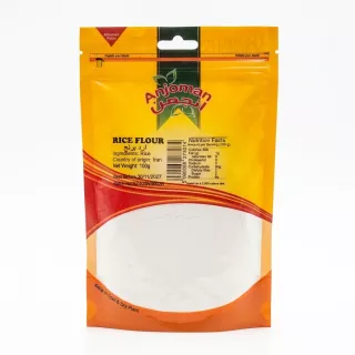 Front of Anjoman Rice Flour 100g pack showing product information and price
