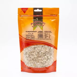 Front of Anjoman Flakes Barley 200g pack with barley flakes visible and price label