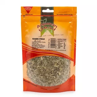 Front of Anjoman Sabzi Polo herb mix pack with visible herbs and label
