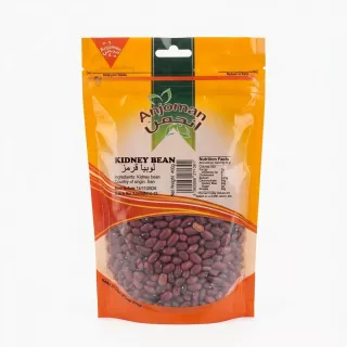 A professional studio photograph of a 400g pouch of Anjoman Kidney Beans, featuring a clear window displaying the red beans and a clean white background.