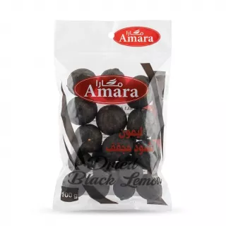 Front of Amara Dried Black Lemon 100g pack showing black lemons in a clear pouch, price label £1.49