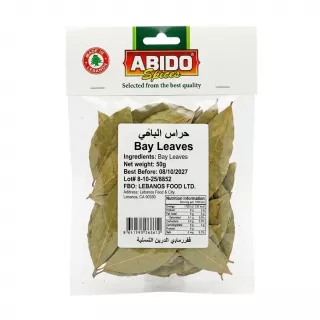 Front of Abido Bay Leaves 50g pack showing ingredient label and clear packaging