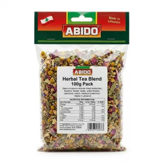 Front of Abido Herbal Tea Blend 100g pack with ingredient label