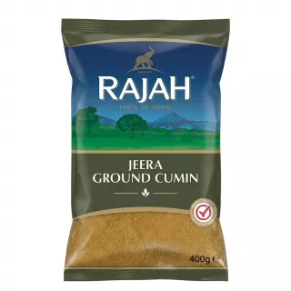 Front view of Rajah Jeera Ground Cumin 400g pack on a shop shelf