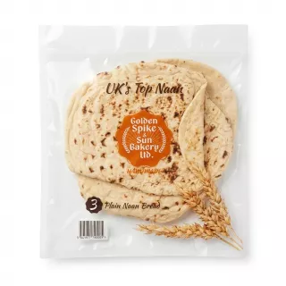 Front view of Golden Spike & Sun handmade plain naan bread in clear package, 3 pack