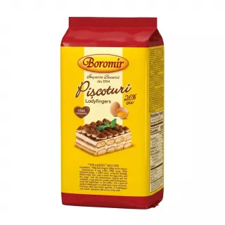 Front of Boromir Piscoturi Ladyfingers 400g pack showing branding and tiramisu image