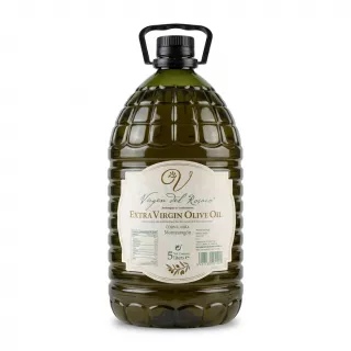 Hand holding Virgen del Rosario Extra Virgin Olive Oil 5L bottle on a grocery shelf