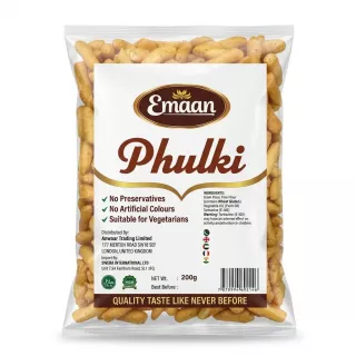 Front of Emaan Phulki 200g pack showing product branding, ingredients, certifications and price