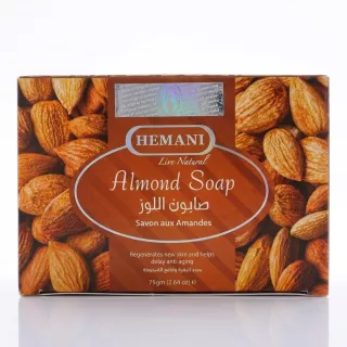 Front view of Hemani Almond Soap box showing product name and benefits