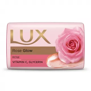 Front packaging of Lux Rose Glow soap bar with rose image