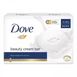 Front of Dove Beauty Cream Bar 4x90g pack held in a store aisle