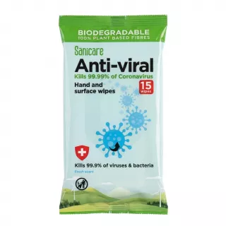 Front view of Sanicare Anti-Viral Hand and Surface Wipes 15 pack with green packaging and virus illustration