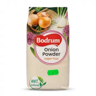Front of Bodrum Onion Powder 600g pack held in store