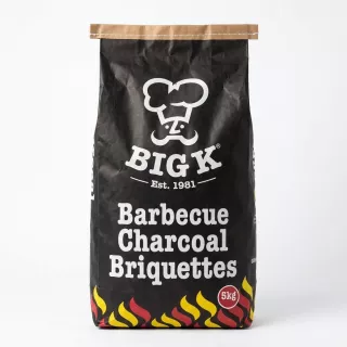 Front of Big K Barbecue Charcoal Briquettes 5kg bag showing product branding