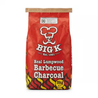 Front view of Big K Real Lumpwood Barbecue Charcoal 3kg red bag