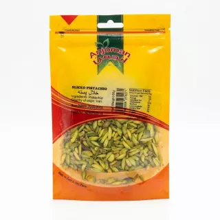 Front of Anjoman Sliced Pistachio 60g pack with visible nuts and price label