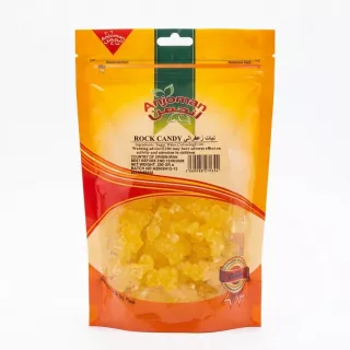 Front of Anjoman Rock Candy 250g pack in yellow-orange packaging
