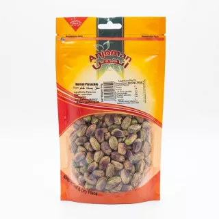 Front of Anjoman Raw Kernel Pistachio 150g pack showing visible kernels and product details