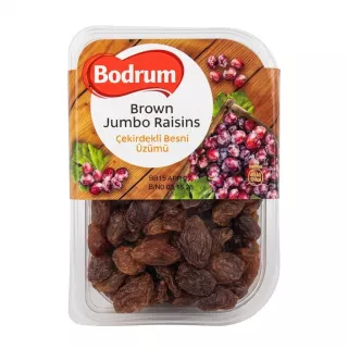Front of Bodrum Brown Jumbo Raisins 250g pack held in hand