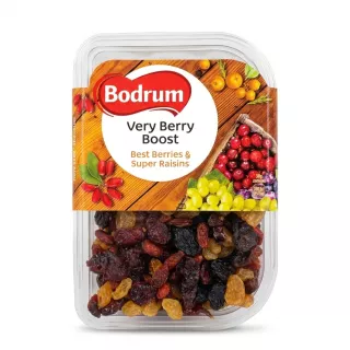 Front of Bodrum Very Berry Boost 200g pack with mixed dried berries inside