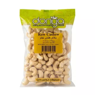 Front of Donya Raw Cashew 170g bag showcasing brand and product details