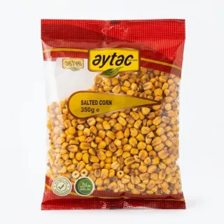 Front view of Aytac Salted Corn 350g snack pack with price label and halal certification visible