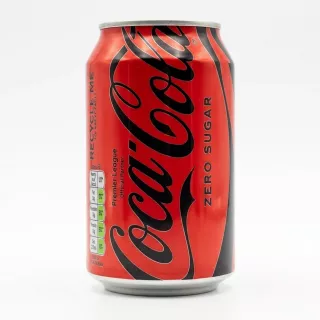 Front view of Coca-Cola Zero Sugar 330ml can, showing classic red and black design