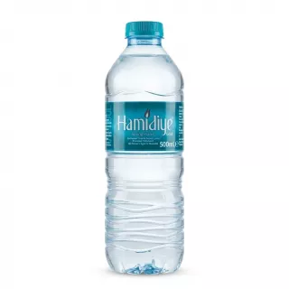Front label of Hamidiye Spring Water 500ml bottle, turquoise cap, clear bottle