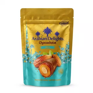 Front of Arabian Delights Chocodate Milk pouch showing product and branding