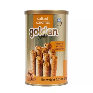 Front of Golden Treats Salted Caramel Wafer Rolls tin held in hand