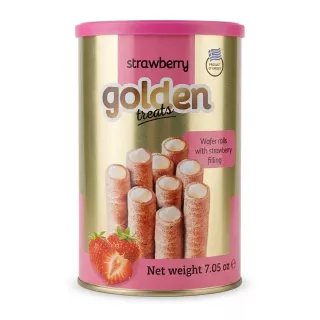 Front of Golden Treats Strawberry Wafer Rolls tin with product image