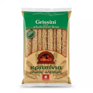 Front of Faidon Grissini wholemeal breadsticks pack with sesame seeds