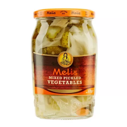 Melis Mixed Pickled Vegetables offer a tangy and delicious taste. Perfect for snacks or sides. Available at halalo.co.uk and Halalo.